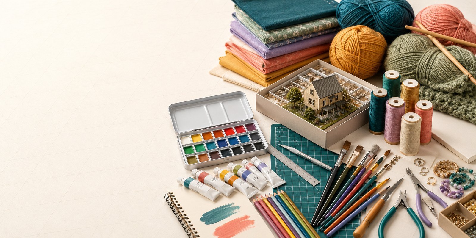 Assortment of art, sewing, craft, jewelry-making and model-building supplies