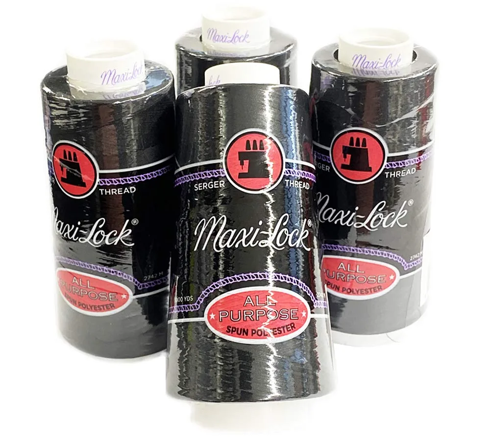 4 Large Cones (3000 Yards Each) Text 27 Polyester Sewing Quilting Serger Maxi Lock All Purpose Thread White or Black (Black) by American & Efird