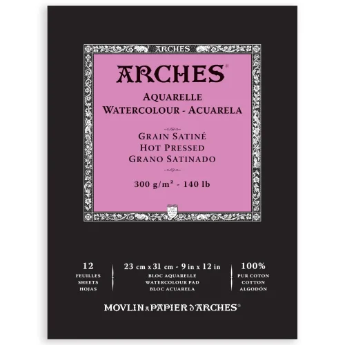 Arches Aquarelle Watercolor Pad, Hot Pressed, 140lb/300gsm, 12 Sheet, 9x12 inch, Arches Watercolor Paper 100% Cotton