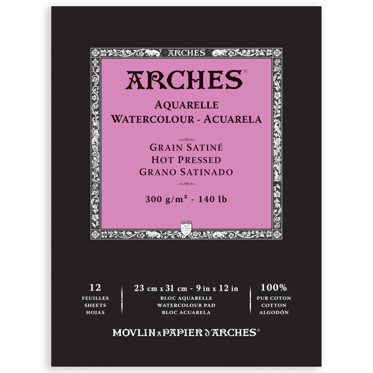 Arches Aquarelle Watercolor Pad, Hot Pressed, 140lb/300gsm, 12 Sheet, 9x12 inch, Arches Watercolor Paper 100% Cotton