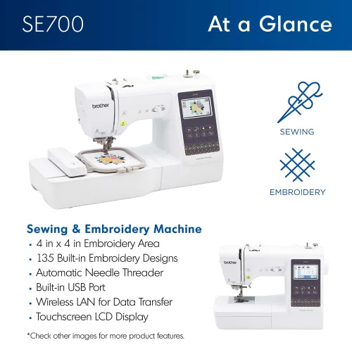 View image 3 of 8 for Brother SE700 Sewing and Embroidery Machine, Wireless LAN Connected, 135 Built-in Designs, 103 Built-in Stitches, Computerized, 4" x 4" Hoop Area, 3.7" Touchscreen Display, 8 Included Feet, White