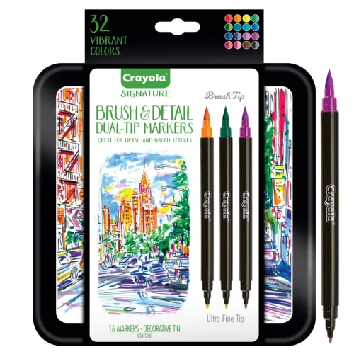 View image 2 of 8 for Crayola Brush & Detail Dual Tip Marker Set, 16 Markers, 32 Colors, Adult Coloring Markers, Gifts for Teens & Adults
