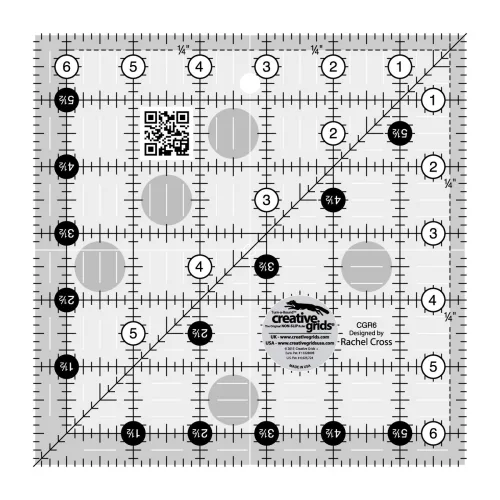 Creative Grids Quilt Ruler 6-1/2in x 6-1/2in Square – CGR6 – Made in USA, Non-Slip Grip Acrylic Quilting, Sewing, Crafting, Patchwork Ruler for Measuring & Cutting Fabric