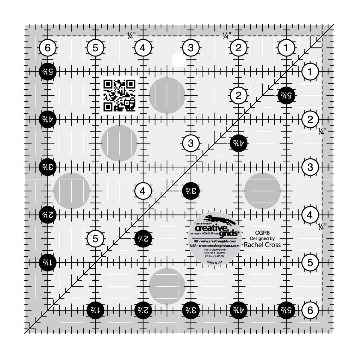 Creative Grids Quilt Ruler 6-1/2in x 6-1/2in Square – CGR6 – Made in USA, Non-Slip Grip Acrylic Quilting, Sewing, Crafting, Patchwork Ruler for Measuring & Cutting Fabric