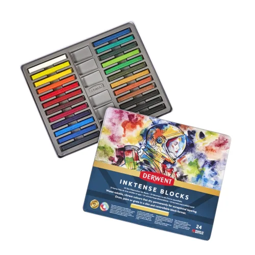 View image 2 of 7 for Derwent Inktense Blocks 24 Tin, Set of 24, 8mm Block, Soft Texture, Watersoluble, Ideal for Watercolor, Drawing, Coloring, Crafts and Painting on Paper and Fabric, Professional Quality (2300443)
