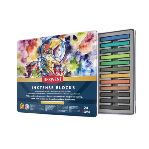View image 3 of 7 for Derwent Inktense Blocks 24 Tin, Set of 24, 8mm Block, Soft Texture, Watersoluble, Ideal for Watercolor, Drawing, Coloring, Crafts and Painting on Paper and Fabric, Professional Quality (2300443)