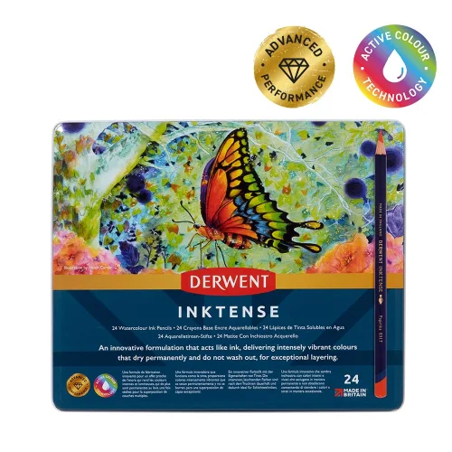 View image 3 of 8 for Derwent Inktense Pencils Tin, Set of 24, Great for Holiday Gifts, 4mm Round Core, Firm Texture, Watersoluble, Ideal for Watercolor, Drawing, Coloring and Painting on Paper and Fabric (0700929)