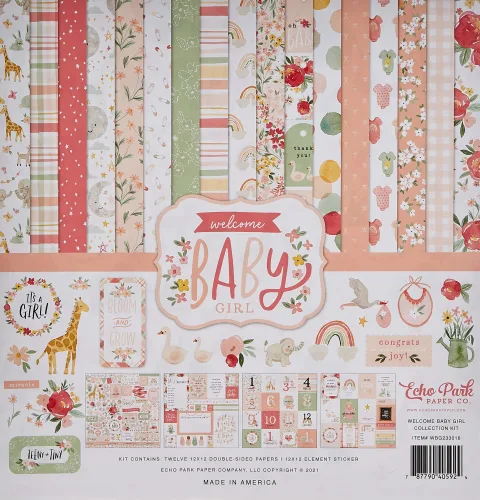 Echo Park Paper Company Welcome Baby Girl Collection Kit Paper, 12-x-12-Inch