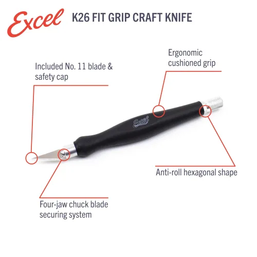 View image 3 of 9 for Excel Blades Fit Grip Craft Knife With #11 Ultra-Sharp Carbon Steel Angled Blade – Precision Craft Knife With Contoured Rubberized Grip For DIY, Art, Hobby, And Model Projects – Black, Made In The USA