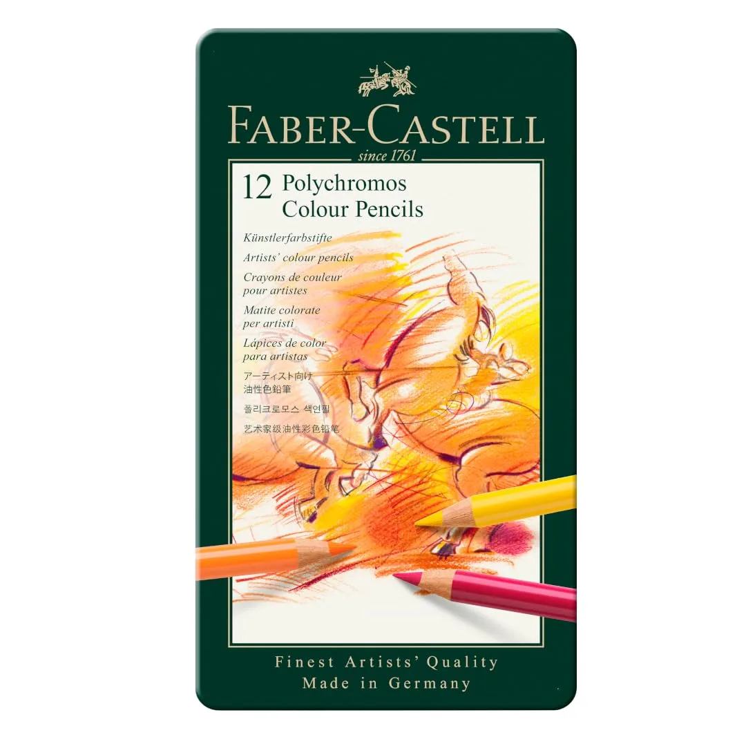 Faber-Castell Art & Graphic Polychromos Colour Pencil, Multicoloured, Tin Of 12, For Art, Craft, Drawing, Sketching, Home, School, University, Colouring