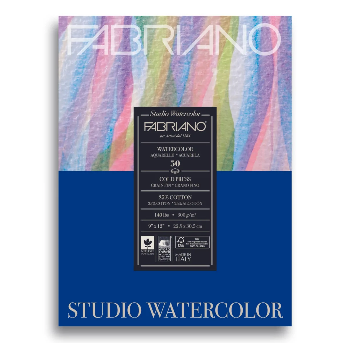 Fabriano Studio Watercolor Pad, Cold-Press, 9" x 12", 140 lb., 50 Sheets