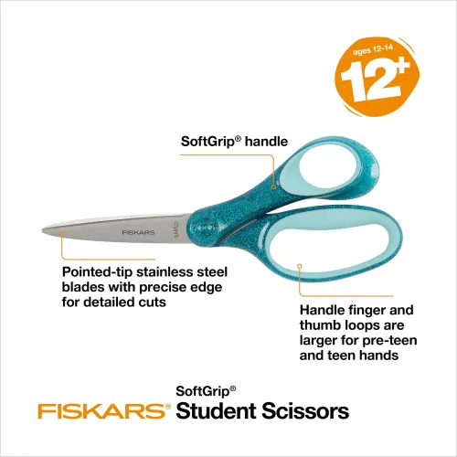 View image 3 of 9 for Fiskars 7" SoftGrip Student Glitter Scissors (1-Pack) for Kids Ages 12-14, Scissors for School or Crafting, Back to School Supplies, Color May Vary