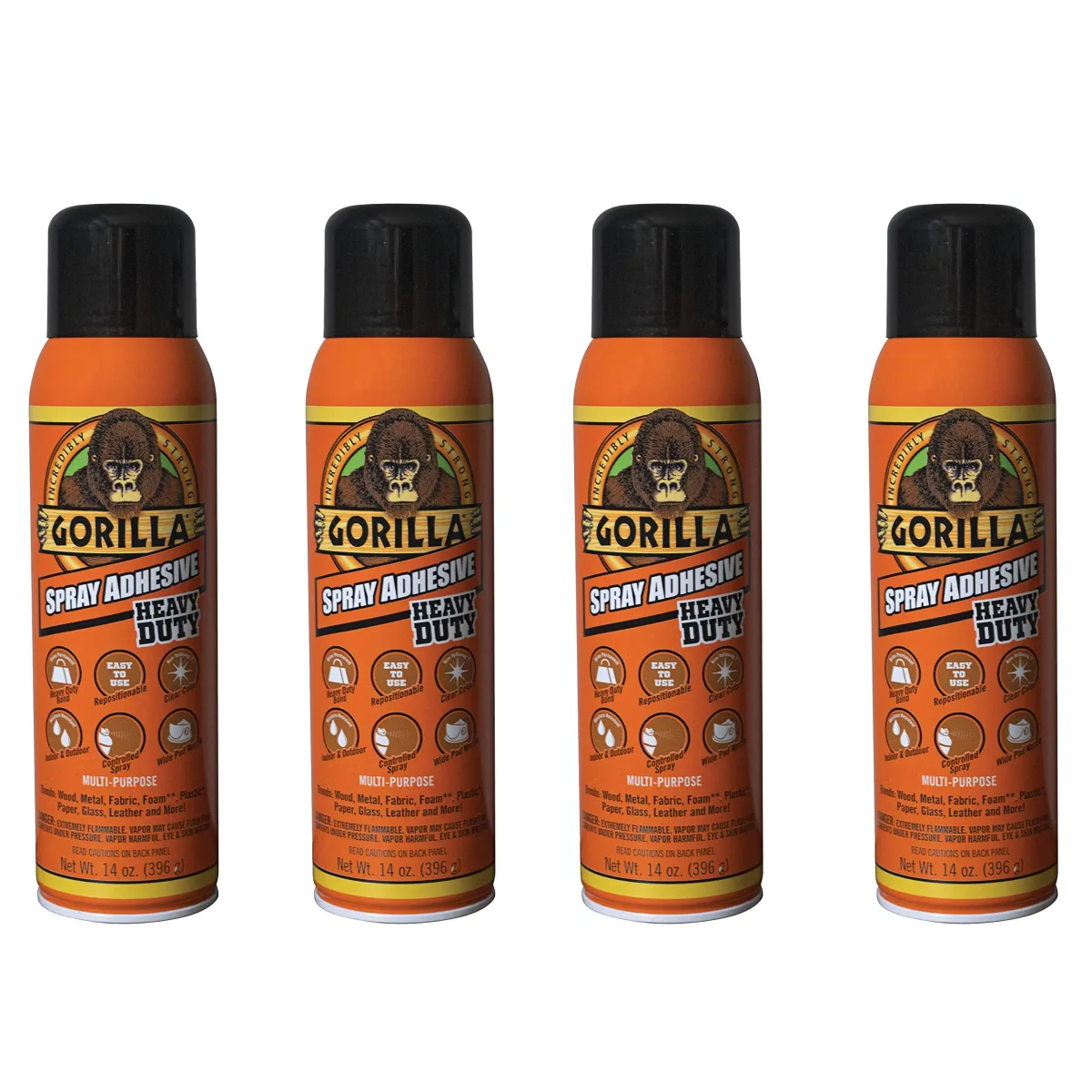Gorilla Heavy Duty Spray Adhesive, Multipurpose and Repositionable, 14 Ounce, Clear, (Pack of 4)