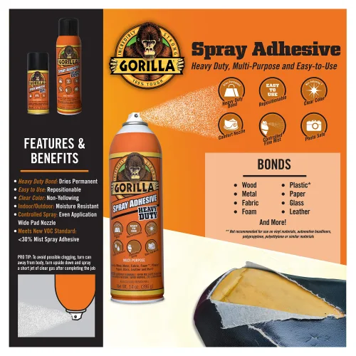 View image 2 of 5 for Gorilla Heavy Duty Spray Adhesive, Multipurpose and Repositionable, 14 Ounce, Clear, (Pack of 4)
