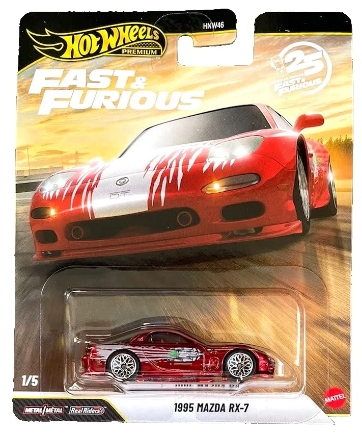 Hot Wheels Premium Fast & Furious 1995 Mazda RX-7, 1:64 Model Car, Metal, Real Riders, 25 Year Anniversary, 1/5 Chase Car JDM Tuning Film Vehicle Collectible Diecast JHW71