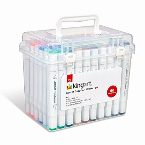 View image 8 of 9 for KINGART PRO Double-Ended Alcohol Ink Art Markers, 60 COLORS, Fine Point & Chisel Tips, Permanent with Superior Blendability, Includes Plastic Case, 60 Pc.