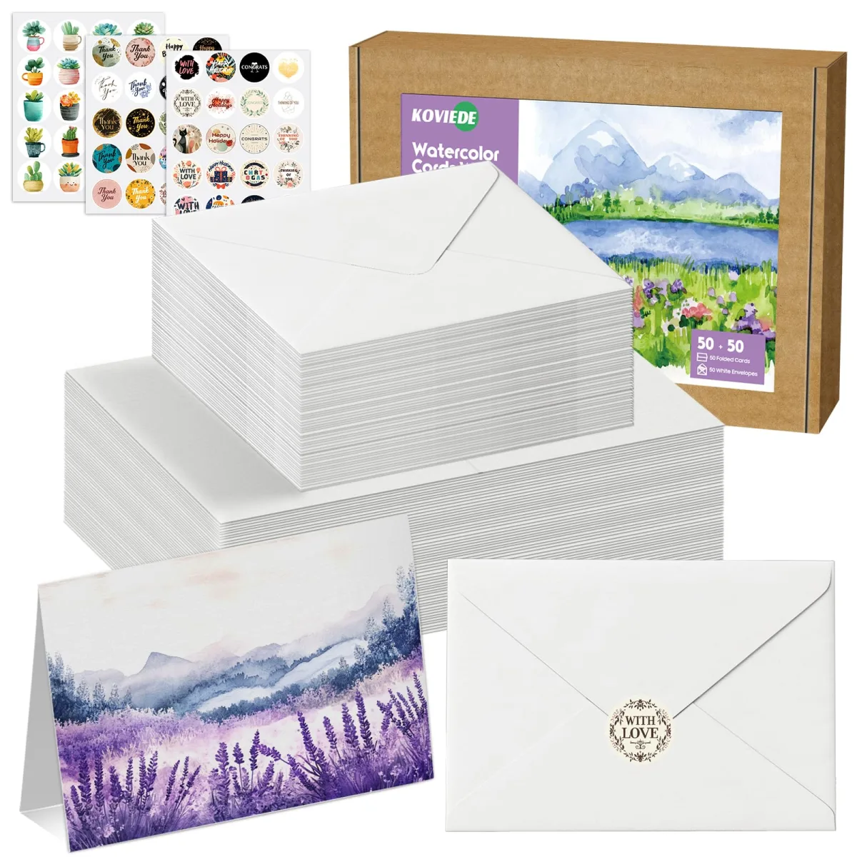 KOVIEDE 50 Pack Foldable Blank Watercolor Cards with Envelopes 4 x 6 Inch