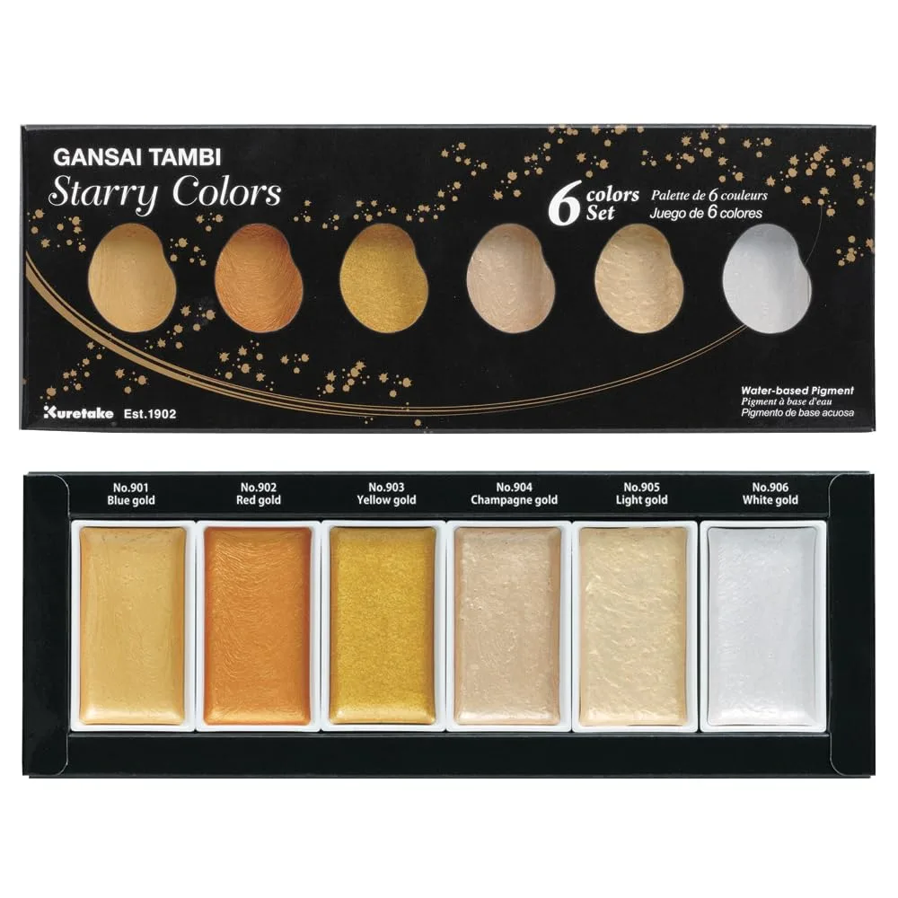 Kuretake GANSAI TAMBI STARRY COLORS, 6 colors set, Watercolor paint for Professional, for artists and crafters,Illustrations, Drawing, Lettering, Made in Japan