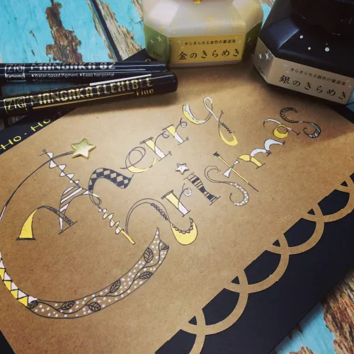 View image 5 of 5 for Kuretake Gold MICA Ink, for dip Pen, Brush, Artist, Non Toxic Paints, Metallic, 60ml, Ideal for Illustration, Lettering, Drawing, Writing, outlining on Bright and Dark Colored Papers