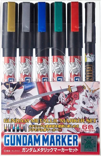 MR.HOBBYミスターホビー GMS121 Gundam Metallic Marker Set, Paint Type, Felt Tip Pens, for Painting Gunpla, 5 Colours & GM20 Brush Type Black, Set of 6, Chisel by GSI Creos