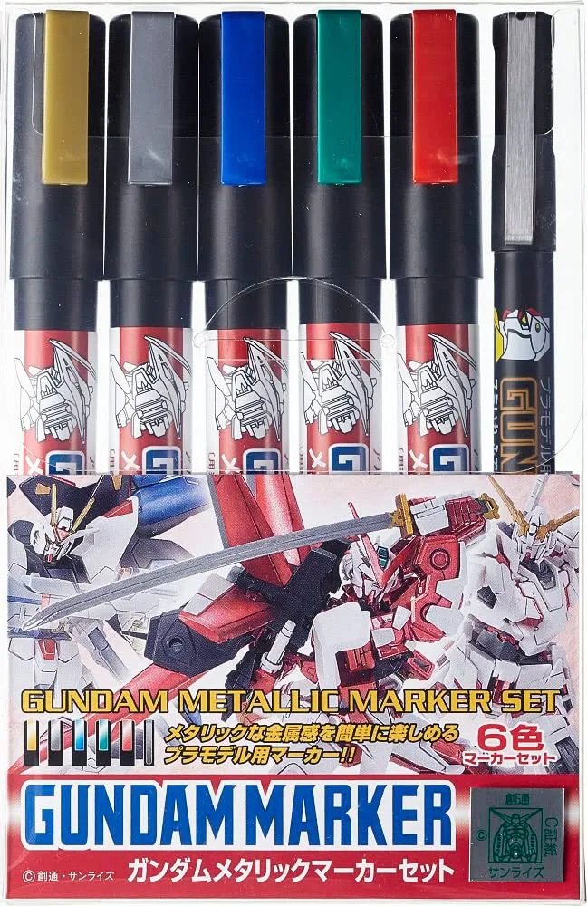 MR.HOBBYミスターホビー GMS121 Gundam Metallic Marker Set, Paint Type, Felt Tip Pens, for Painting Gunpla, 5 Colours & GM20 Brush Type Black, Set of 6, Chisel by GSI Creos