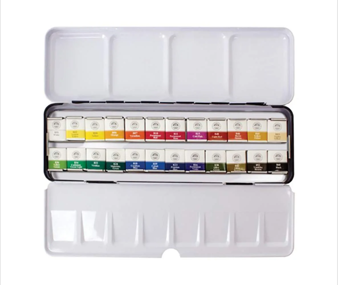MUNGYO Professional Half Pan Size Water Colors Set in Tin Case/Integral Mixing Palette in The lid (24 Colors)