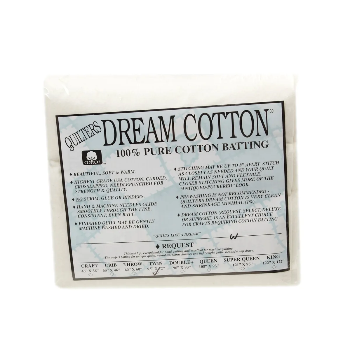 Quilter's Dream Cotton White Request Batting (93" x 72") Twin by Quilters Dream Batting