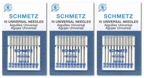 SCHMETZ Universal Sewing Machine Needles, Three 10-Pack Assortment, 30 Needles, 70/10, 80/12, 90/14, 100/16