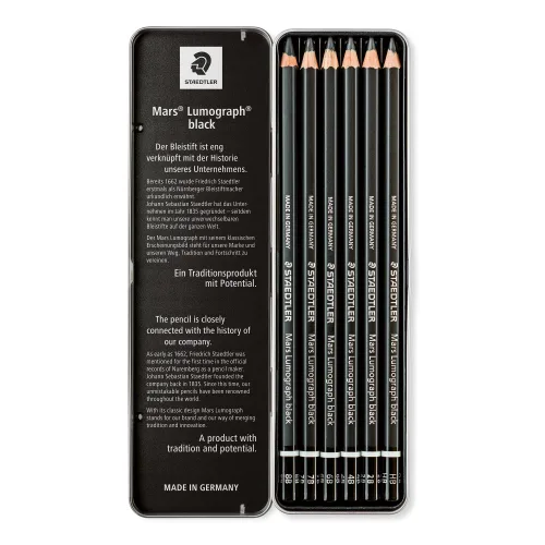 View image 3 of 7 for STAEDTLER Mars Lumograph Black Drawing Pencils Set: 6 Pack – Carbon Blend for Deep Black Tones, Professional Artists Pencils, 8B–HB Grades, Storage Tin, For Sketching, Shading & Fine Art Drawing