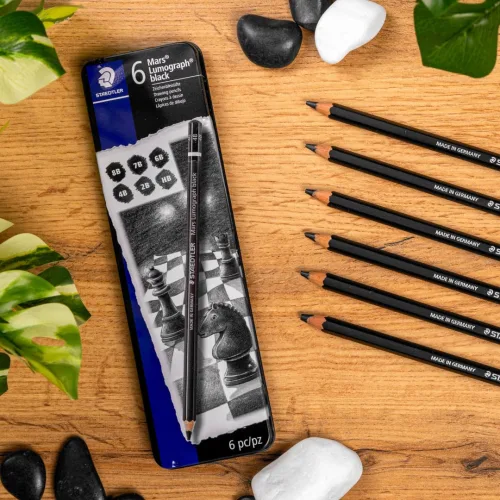 View image 4 of 7 for STAEDTLER Mars Lumograph Black Drawing Pencils Set: 6 Pack – Carbon Blend for Deep Black Tones, Professional Artists Pencils, 8B–HB Grades, Storage Tin, For Sketching, Shading & Fine Art Drawing