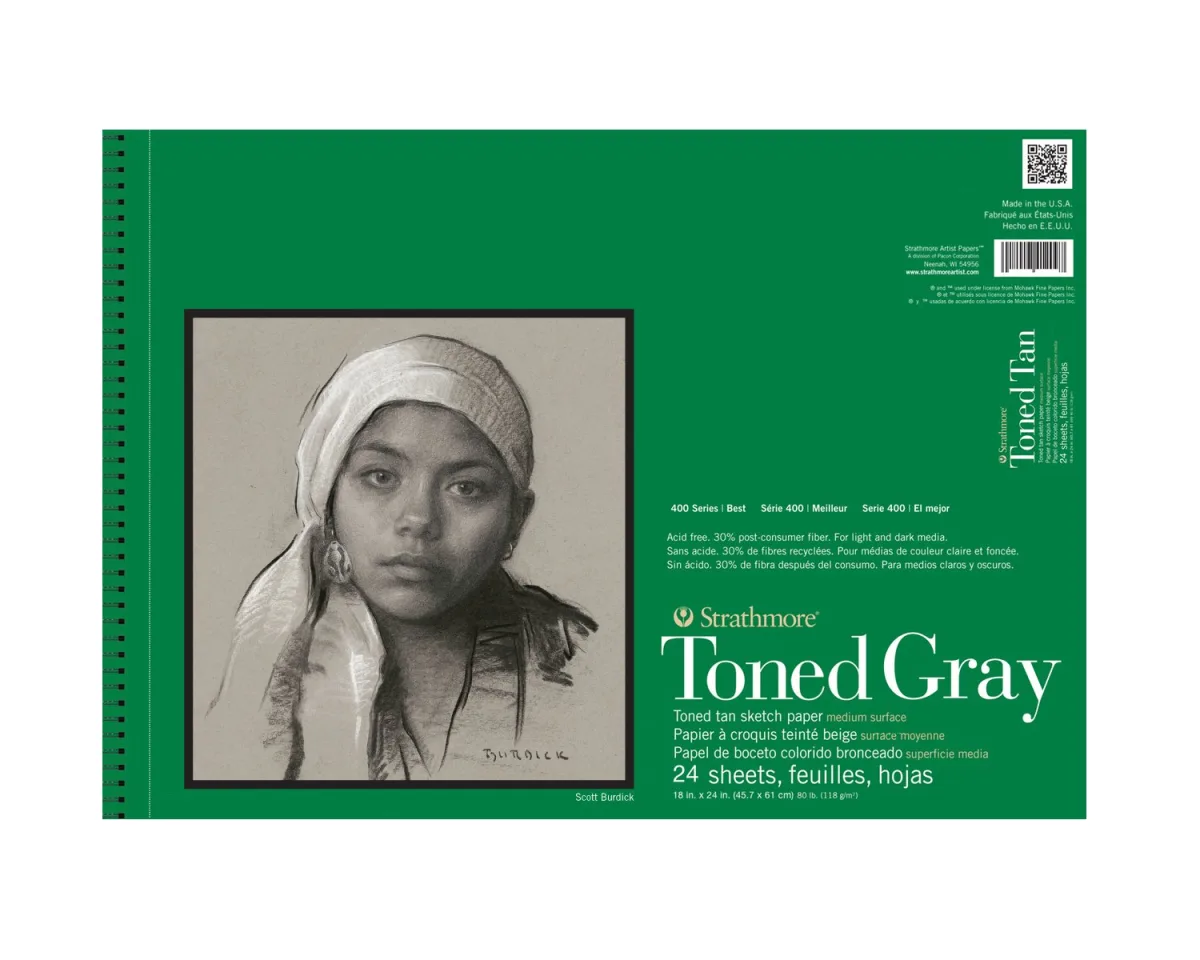 Strathmore 400 Series Wire Bound Toned Sketch Pad, 80 lb. Paper, 18 X 24 inches, Gray, 50 Sheets (412-118)