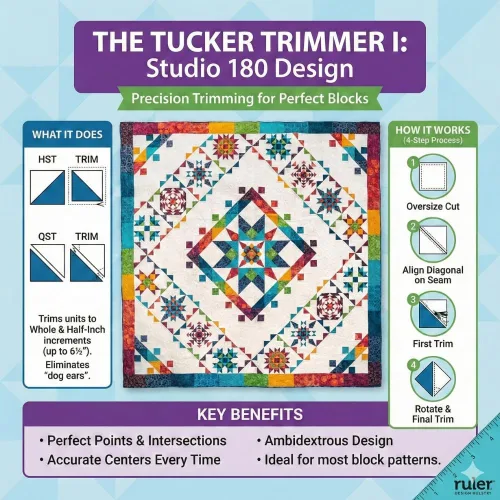 View image 3 of 8 for Studio 180 Design | Deb Tucker’s | Tucker Trimmer™I Quilting Ruler – Precise Trim Tool for Half & Quarter Square Triangles | 11 Unit Sizes, Step-by-Step Instructions & Bonus Block