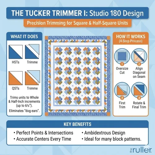 View image 4 of 8 for Studio 180 Design | Deb Tucker’s | Tucker Trimmer™I Quilting Ruler – Precise Trim Tool for Half & Quarter Square Triangles | 11 Unit Sizes, Step-by-Step Instructions & Bonus Block
