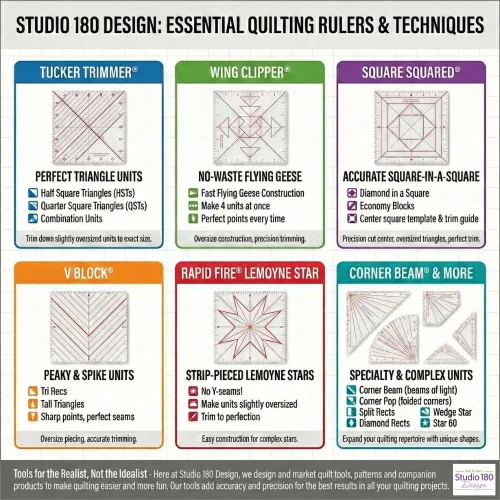 View image 7 of 8 for Studio 180 Design | Deb Tucker’s | Tucker Trimmer™I Quilting Ruler – Precise Trim Tool for Half & Quarter Square Triangles | 11 Unit Sizes, Step-by-Step Instructions & Bonus Block