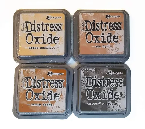 Tim Holtz Ranger Distress Oxide Ink Bundle - Four 3" x 3" Pads (T - Tea and Coffee : Dried Marigold, Tea Dye, Rusty Hinge, and Ground Espresso)