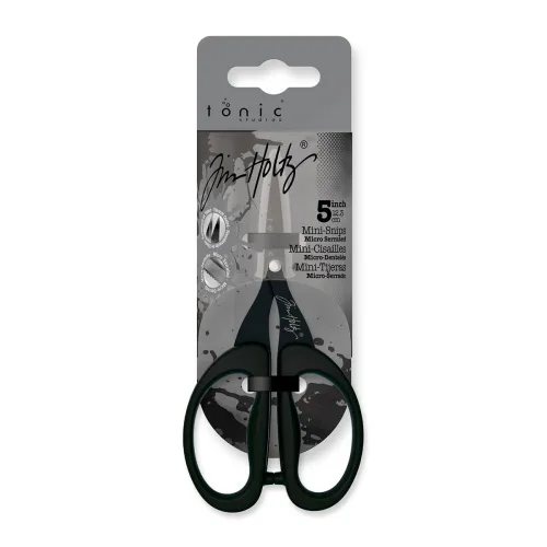 Tim Holtz Small Scissors - 5 Inch Mini Snips with Micro Serrated Blade - Craft Tool for Cutting Paper, Fabric, and Sewing - Titanium with Black Comfort Grip Handles by Tonic Studios