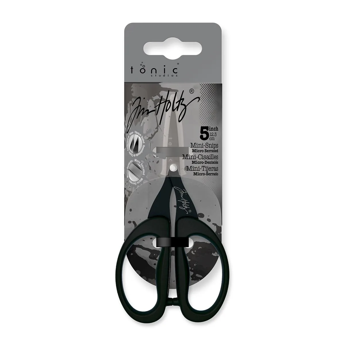 Tim Holtz Small Scissors - 5 Inch Mini Snips with Micro Serrated Blade - Craft Tool for Cutting Paper, Fabric, and Sewing - Titanium with Black Comfort Grip Handles by Tonic Studios