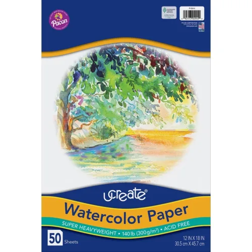 UCREATE 140 lb. Watercolor Paper, White, 12" x 18", 50 Sheets/Pack, 1 Pack