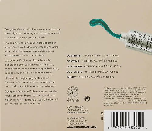 View image 2 of 6 for Winsor & Newton Designers' Gouache Introductory 10-Tube Paint Set, 14ml,Blue,green,ivory,white